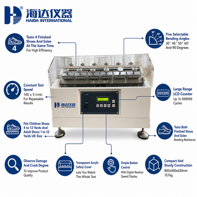 Finished Shoe Bending Tester Shoe Sole Flexing Resistance Testing Machine 4 Test Pieces LCD Counter Shoe Testiing Equipment